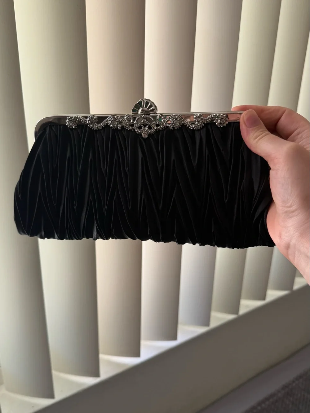 Black Ruched Evening Clutch with Silver Chain